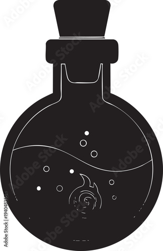Alchemy potion bottle with fire and bubbles, transparent background