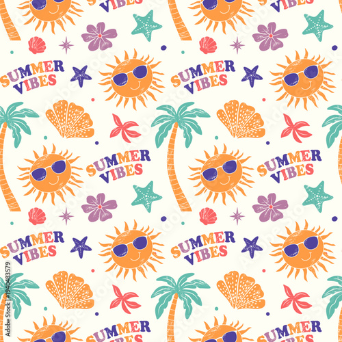 Summertime seamless pattern with smiling suns, palm tree, flowers and summer vibes text. Retro tropical background