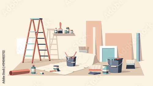 Home renovation scene with painting supplies and wooden ladder in a flat design