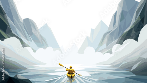 Low poly kayaking adventure in majestic mountain landscape