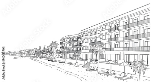 Coastal resort architecture with palm trees and beachfront view in black and white line art