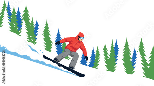 Snowboarder in red jacket glides down snowy slope with evergreen trees