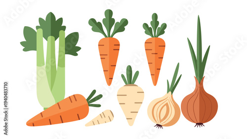Colorful flat vegetables: celery, carrot, parsnip, and onion designs for modern kitchens