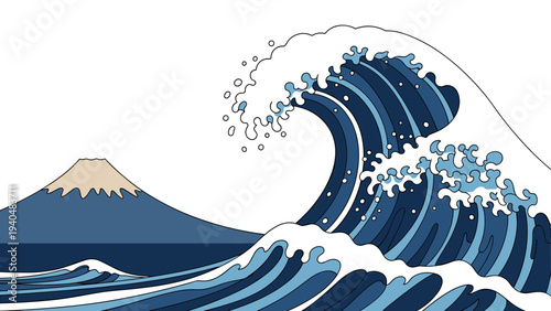 Classic japanese art style with majestic wave and mountain in blue tones
