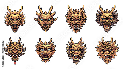 Golden dragon head icons set in detailed pixel art style
