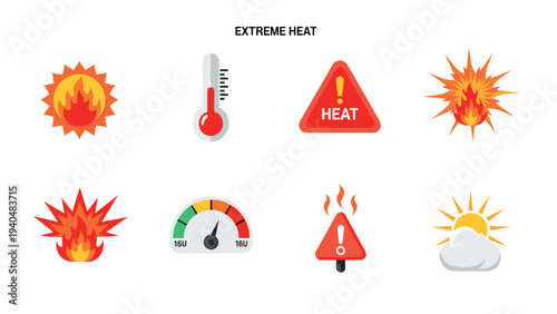 Extreme heat icons set featuring sun, thermometer, and warning signs