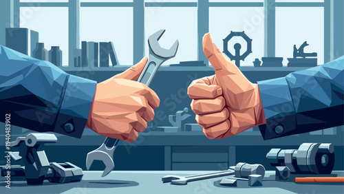 Collaborative workshop hands exchange wrench gesture