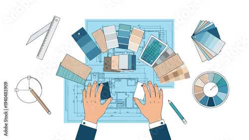Interior design concept with architectural blueprint and color palettes
