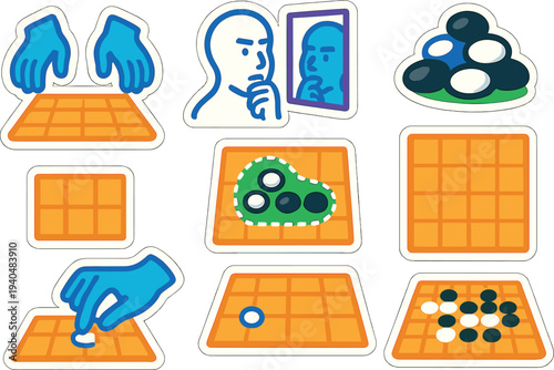 Go board game elements with hands and strategy concepts in cartoon style