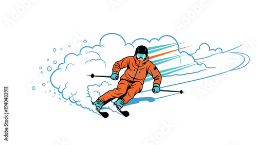 Dynamic alpine skiing action with snow trail in minimalist style