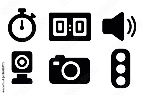 Flat black technology icons: camera, stopwatch, and sound elements