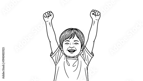 Joyful child celebrating with raised arms in linear art style