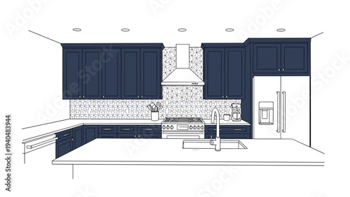 Modern kitchen design with navy cabinets and geometric tile backsplash in linear style