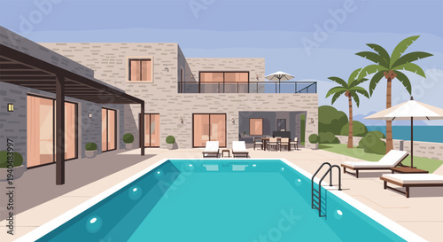 Luxurious modern villa with pool and ocean view in tropical setting