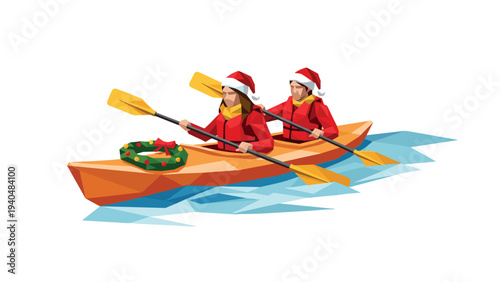 Polygonal santa claus duo kayaking with christmas wreath on blue water