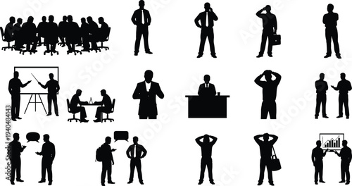 Business people silhouettes collection with meeting, presentation, discussion and office teamwork scenes, professional corporate workers isolated vector illustration set