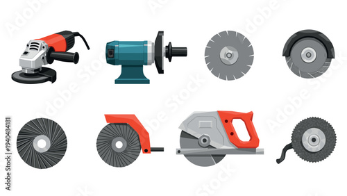 Set of modern power tools and disc blades for cutting and grinding