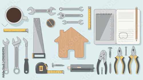 Home improvement tools and coffee in detailed flat design layout