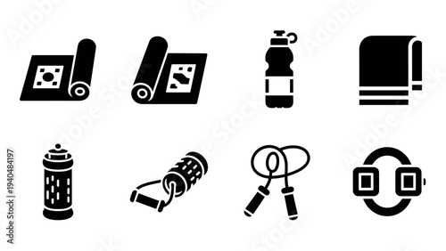 Essential fitness icons for gym and home workout: yoga mat, water bottle, towel, and more