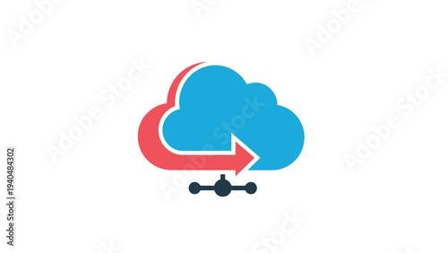 Cloud computing symbol with red arrow and network node on white background