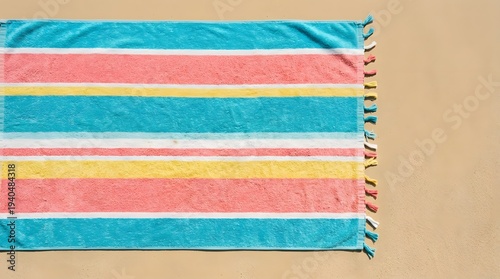 A colorful striped beach towel lies on the sandy shore.