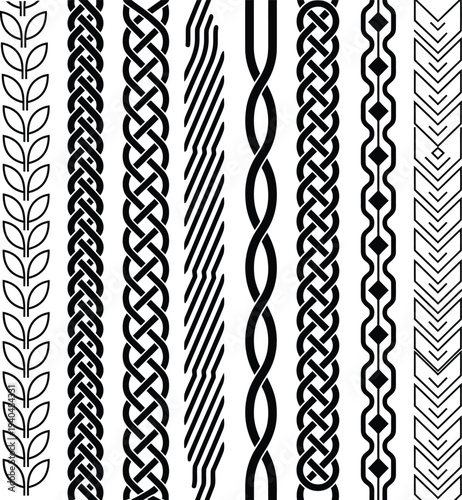 Set of celtic knot and floral leaf border patterns, decorative seamless frames with organic and geometric elements.