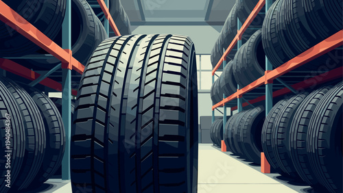Modern warehouse with car tires on racks in perspective view