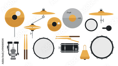 Modern percussion instrument set with drums and cymbals in flat style