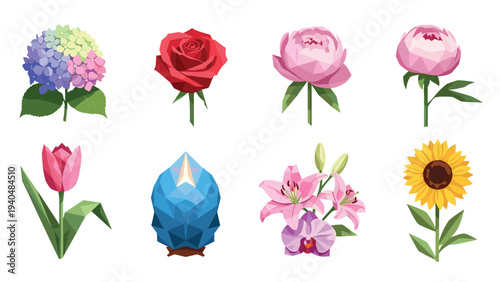 Colorful low poly flower collection featuring rose, lily, and sunflower