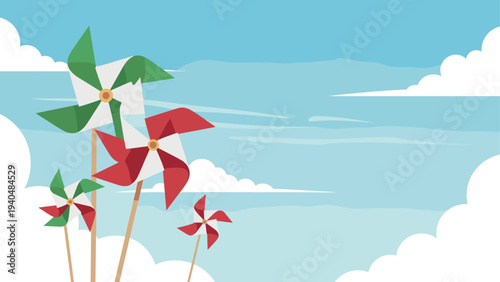 Colorful pinwheels in a cloudy sky setting with green and red design