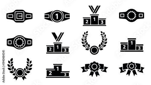 Monochrome awards icons set: medals, podiums, trophies, laurel wreaths