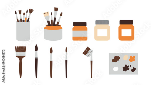 Art supplies flat design: brushes, paint jars, and palette for creative projects