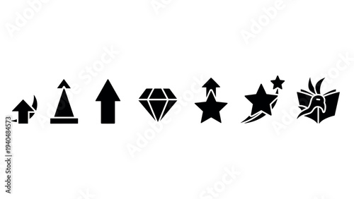 Minimalist black icon designs featuring arrows, diamonds, stars, and birds