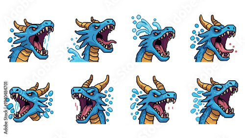 Animated blue dragon emotes: pixel art expressions of roaring and splashing