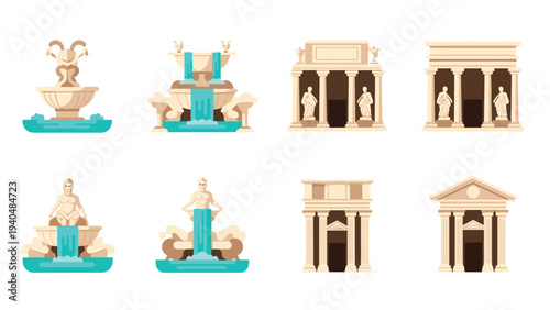 Flat historical fountain and monument collection with classic architecture