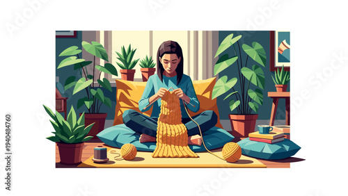 Cozy home knitting scene: woman creating with yarn among indoor plants