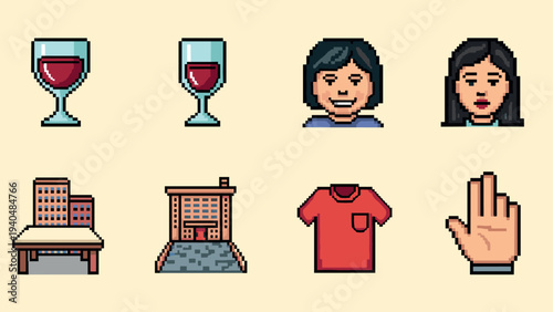 Pixel art icons: wine, faces, buildings, shirt, hand on beige background