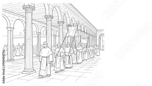 Procession of monks in historic cloister line art with architectural details
