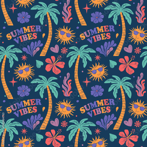 Summertime seamless pattern with palm trees, smiling suns, flowers and summer vibes text. Retro tropical background