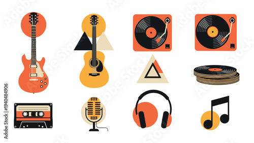 Vintage music icons set featuring instruments and audio equipment in retro style