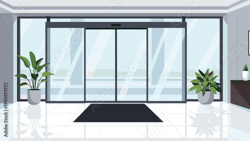 Modern office interior with glass doors and potted plants
