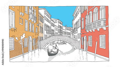 Charming venice canal scene with gondola and colorful buildings in hand-drawn style