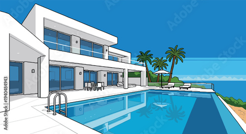 Modern luxury villa with infinity pool and ocean view in minimalist style