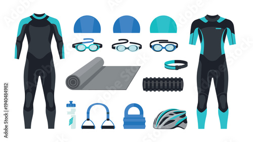 Triathlon gear set with wetsuits, swimming caps, and more in modern flat design