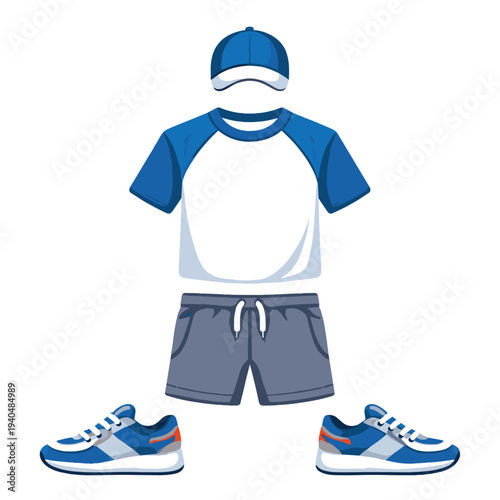 Athletic outfit with cap and shoes for sports