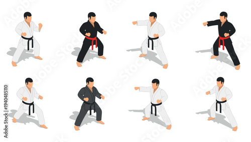 Isometric martial arts poses with karate uniforms and different belt colors