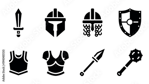 Set of silhouette medieval armor and weapons icons for design projects