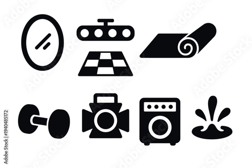 Fitness and home decor icons in flat black style