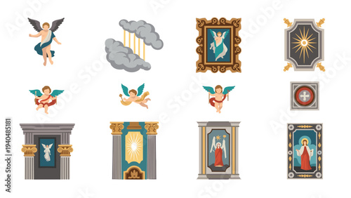 Religious art elements featuring angels and ornate frames in flat design style
