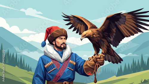 Hunter with eagle in mountains: majestic scene of falconry in traditional attire